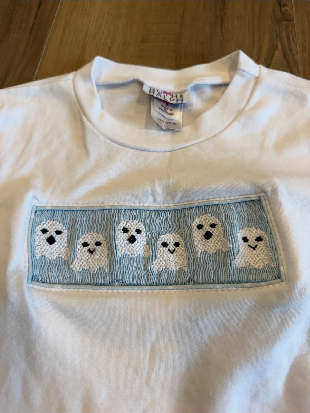 White Kids T-Shirt with Blue ghost Smocked Panel size 5 - Picture 2 of 2